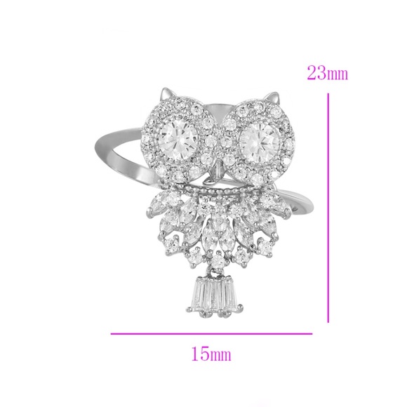 Owl Ring Adjustable Ring Platinum Plated CZ Stone Luxury Jewelry - Picture 2 of 7